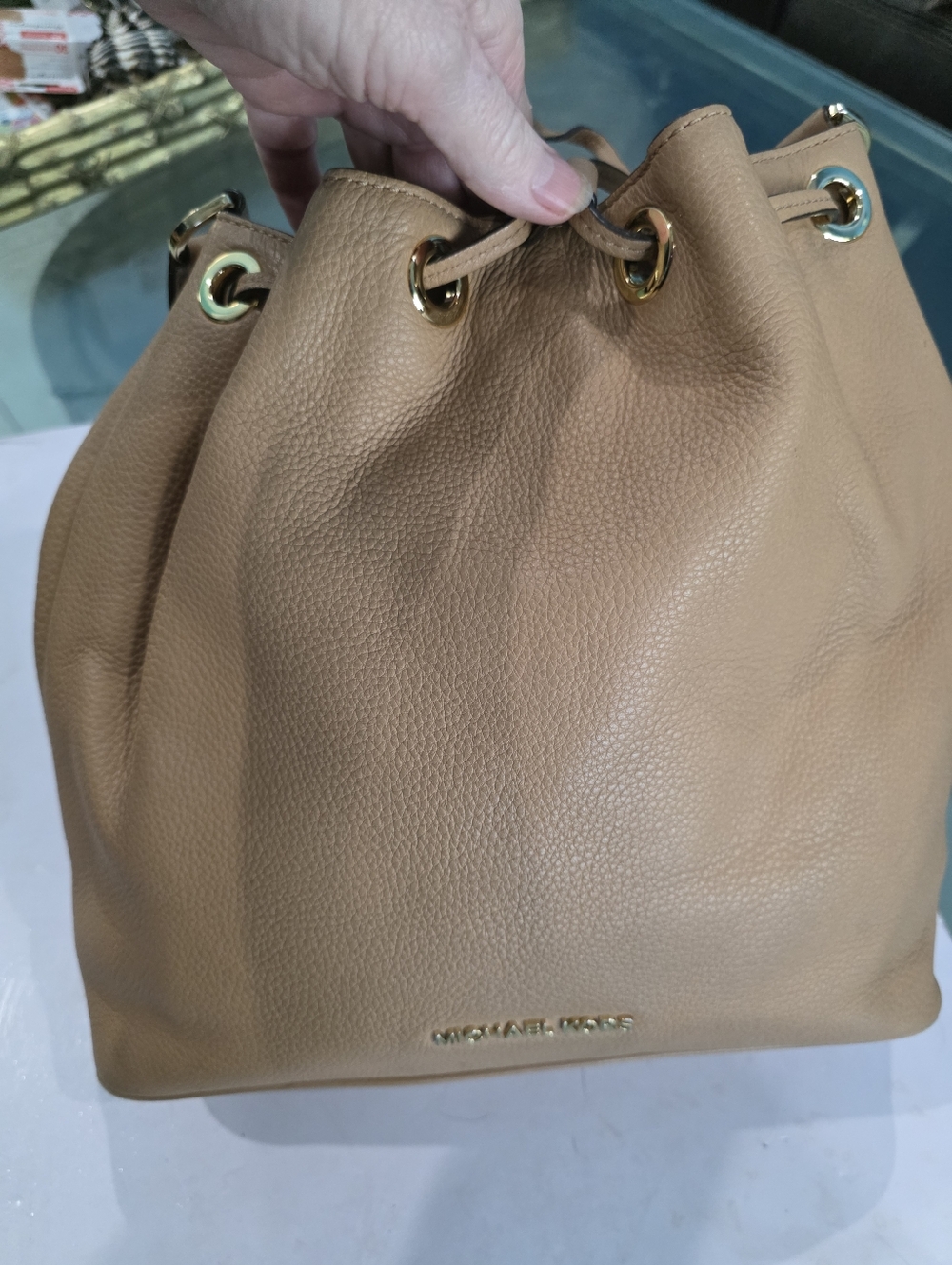 Michael Kors Camel Pebbled Leather Drawstring Bucket Bag